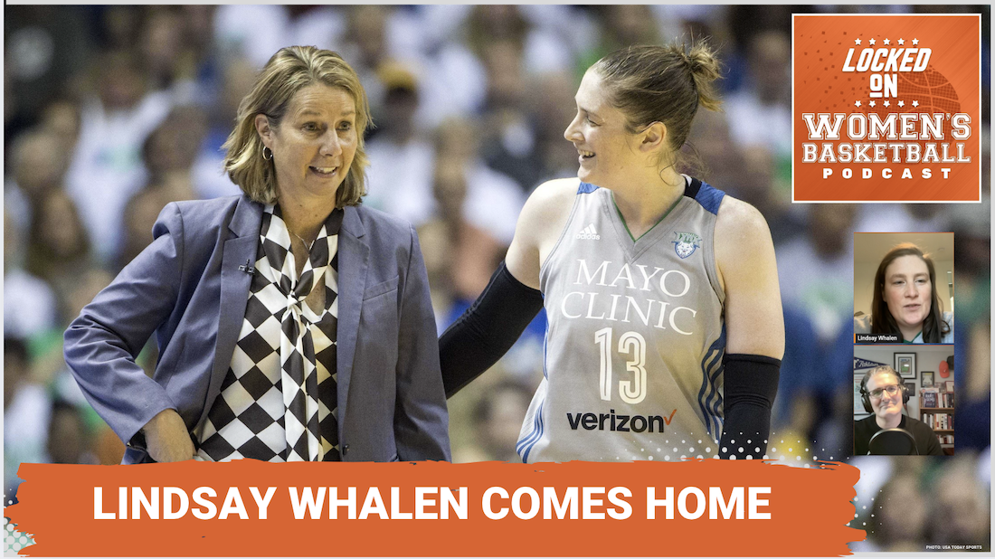 Graphic with photo of Minnesota Lynx head coach Cheryl Reeve (left, wearing a suit and checkered shirt) and former Minnesota Lynx guard Lindsay Whalen (right, wearing a grey and dark blue Lynx uniform) walk on the court during a Lynx game.
